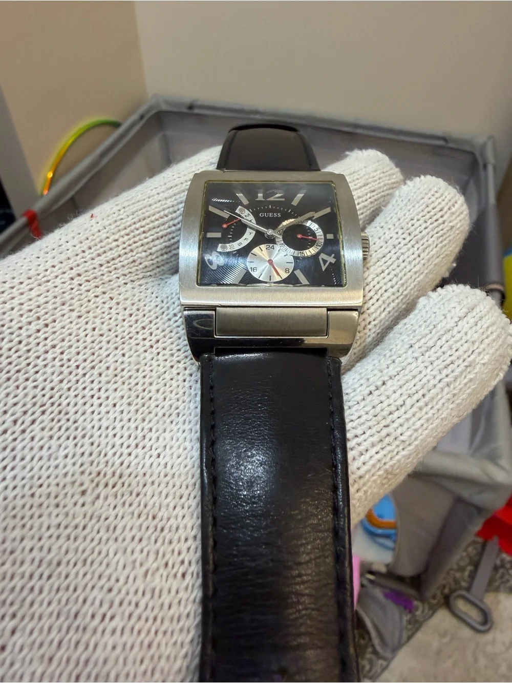Guess Power Broker Men's Square Multifunction Watch Black Dial Japan Movt Rare